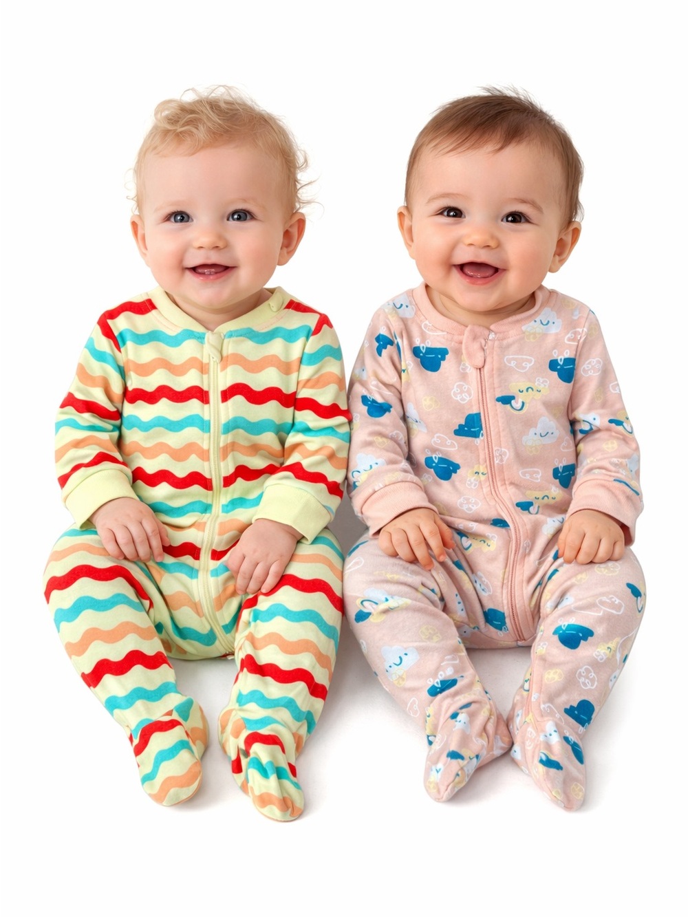 DIP Baby Footed Pajamas Multicolor Waves & Light Orange Cloud Print Sz 3-6 Mon
